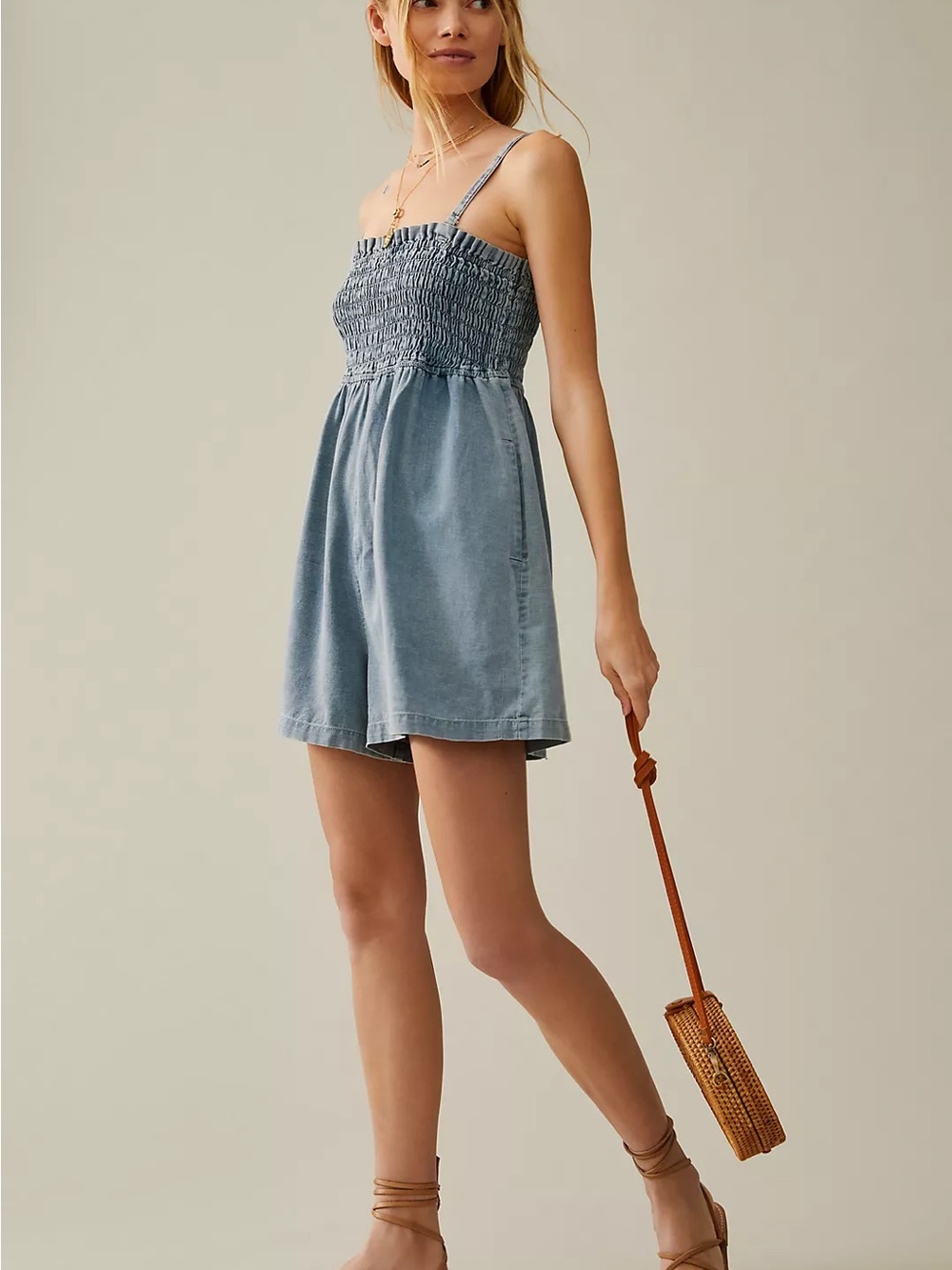 Pilcro Smocked Denim Romper Dress - Light Blue